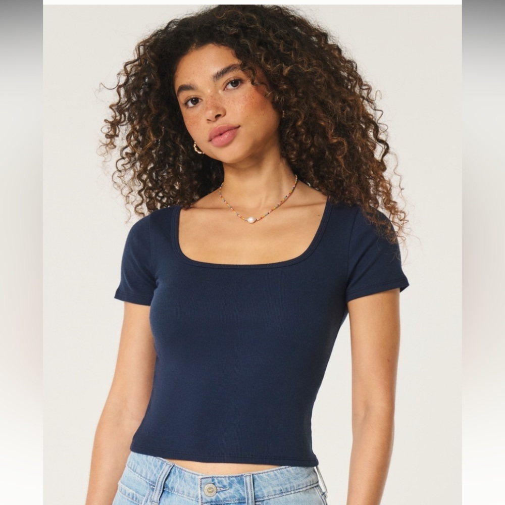Women’s Hollister XL Long Dark Indigo Ribbed Square-Neck Baby Tee